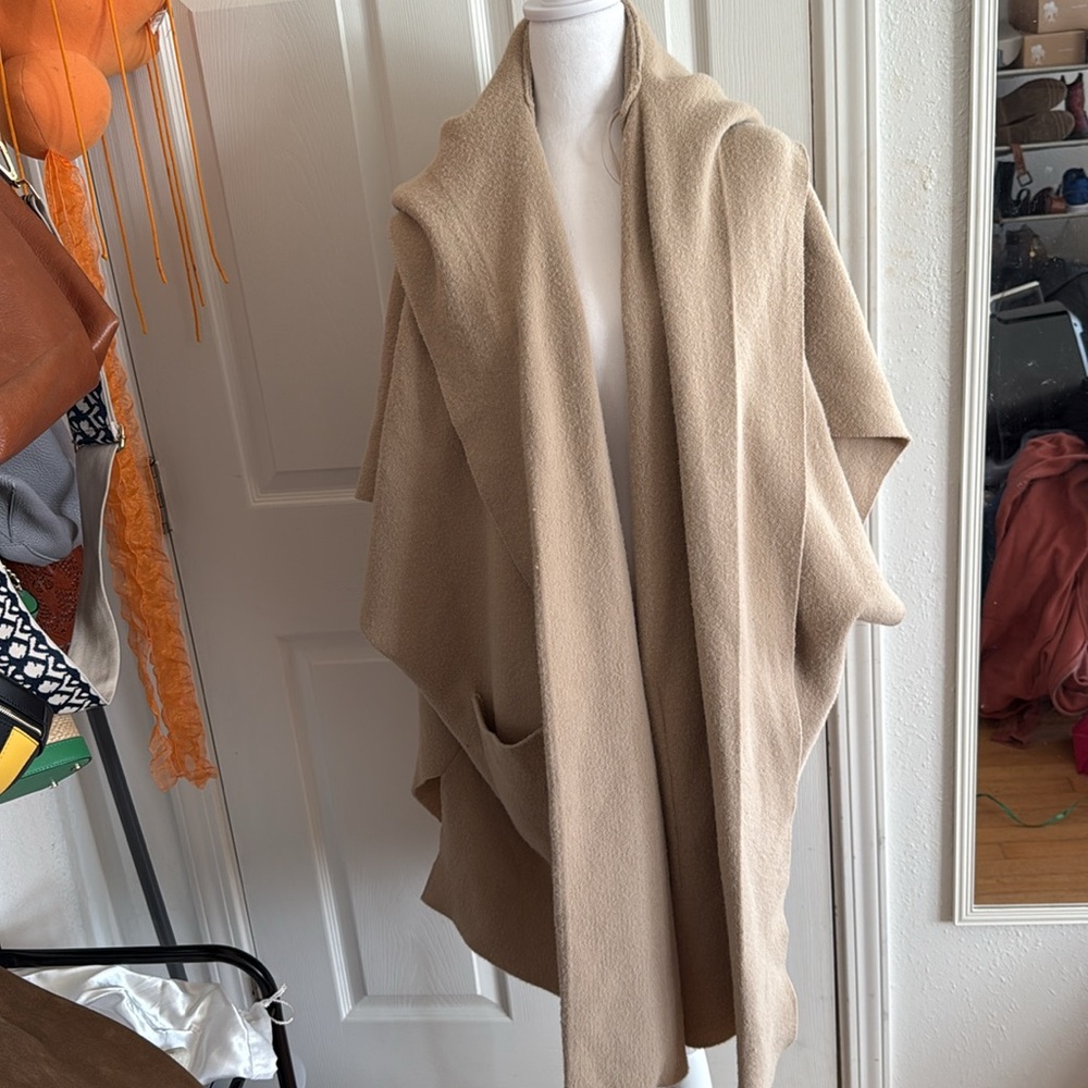 USED Free People All I need cozy duster Tan Hooded Women's Sweater - Picture 2 of 3